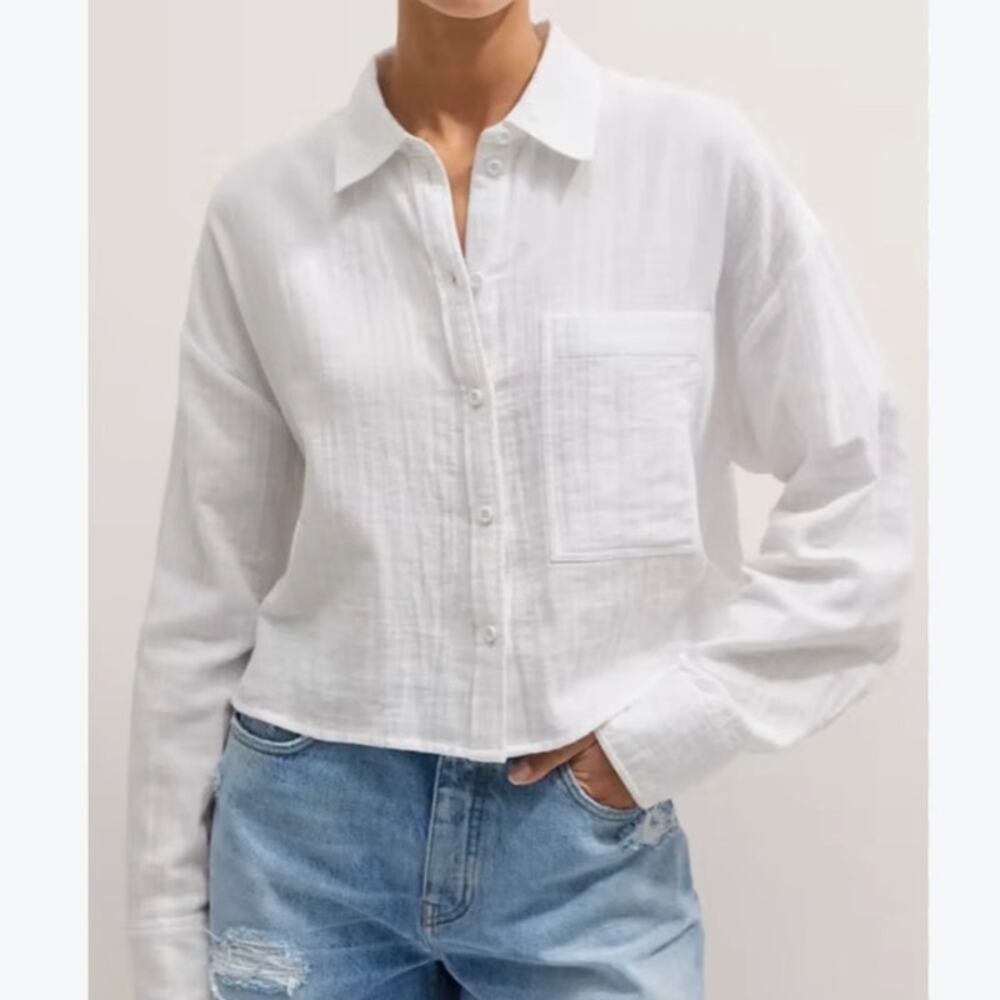 ME+EM Cheesecloth Cropped Shirt White US 12 Cotton Button Down Quiet Luxury